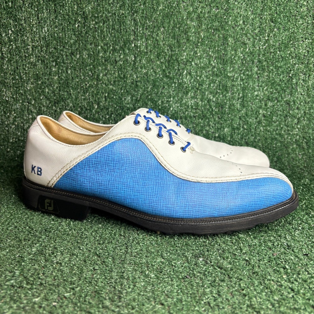 FootJoy Icon Spiked Wingtip Saddle Leather Golf Shoes White Blue Mens Sz 12 Wide
